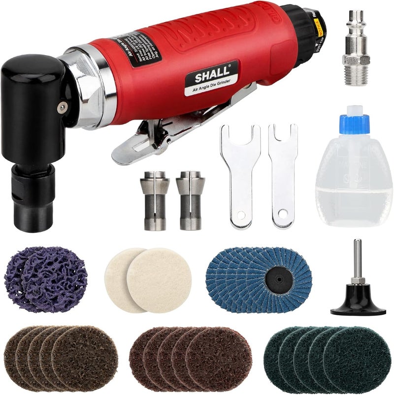 SHALL Right Angle Die Grinder, 90 Degree, 1/4" & 1/8" Collets, 24PCS Sanding Discs, Air Connector, Lubricant and Chuck Key Included, for Grinding, Polishing, Deburring, Engraving and Rust Removal - Image 1